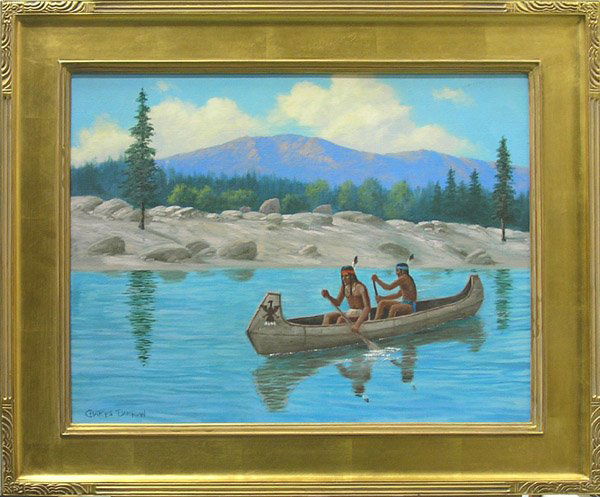 Painting, Damrow, American: Framed oil on canvas, Indians in Canoe, by Charles Damrow (American, 1916-), signed lower left, overall: 25''h x 31''w