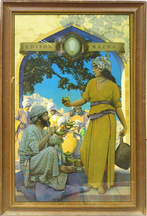 Print, Maxfield Parrish, Edison Mazda: Framed vintage print, ''The Lamp Seller of Bagdad [sic]'' (for 1923 Edison Mazda calendar), by Maxfield Parrish (American, 1870-1966), sight: 25''h x 15.5''w, overall: 28''h x 18.5''w