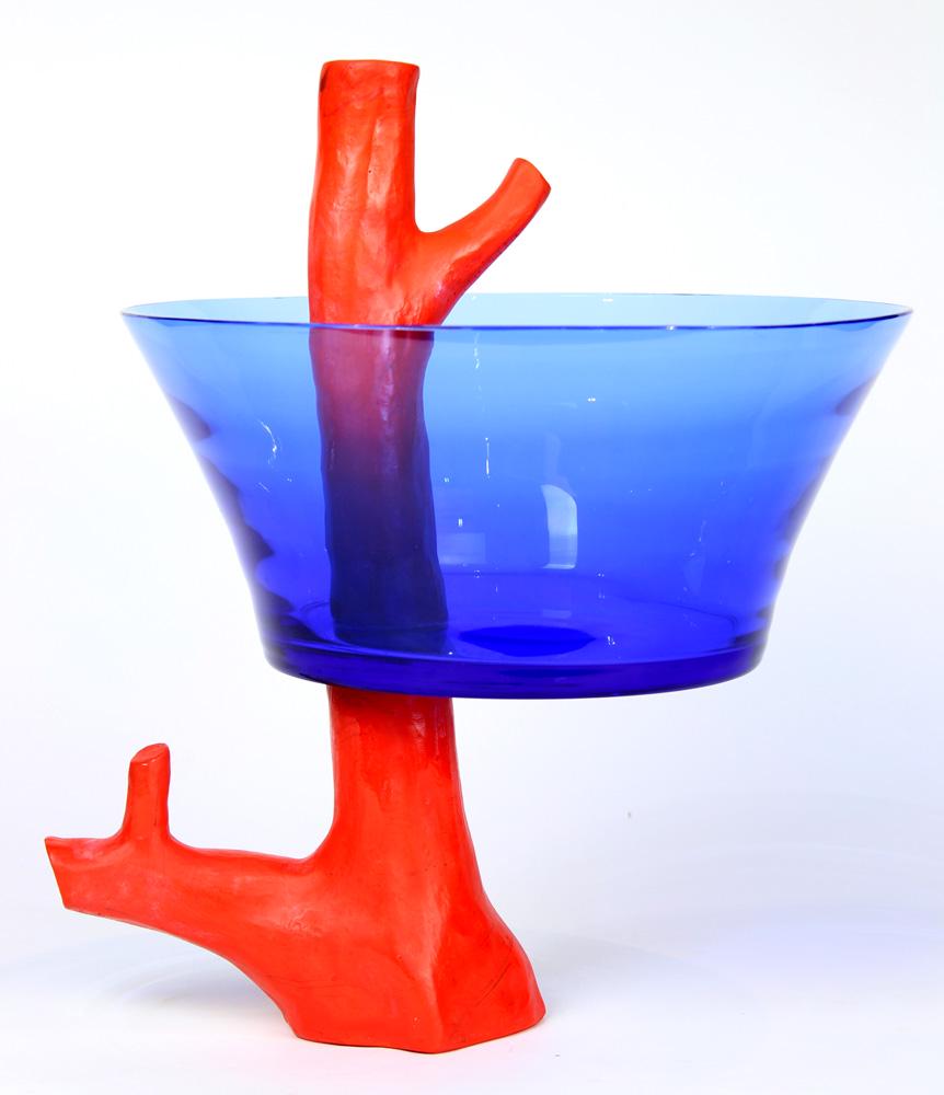 An Elisabeth Garouste & Mattia Bonetti for Daum France: An Elisabeth Garouste & Mattia Bonetti for Daum France Trapani vase, having a blue glass body floating on the red coral style sculptural standard, marked Daum France on base, and numbered 31 of 300, 1