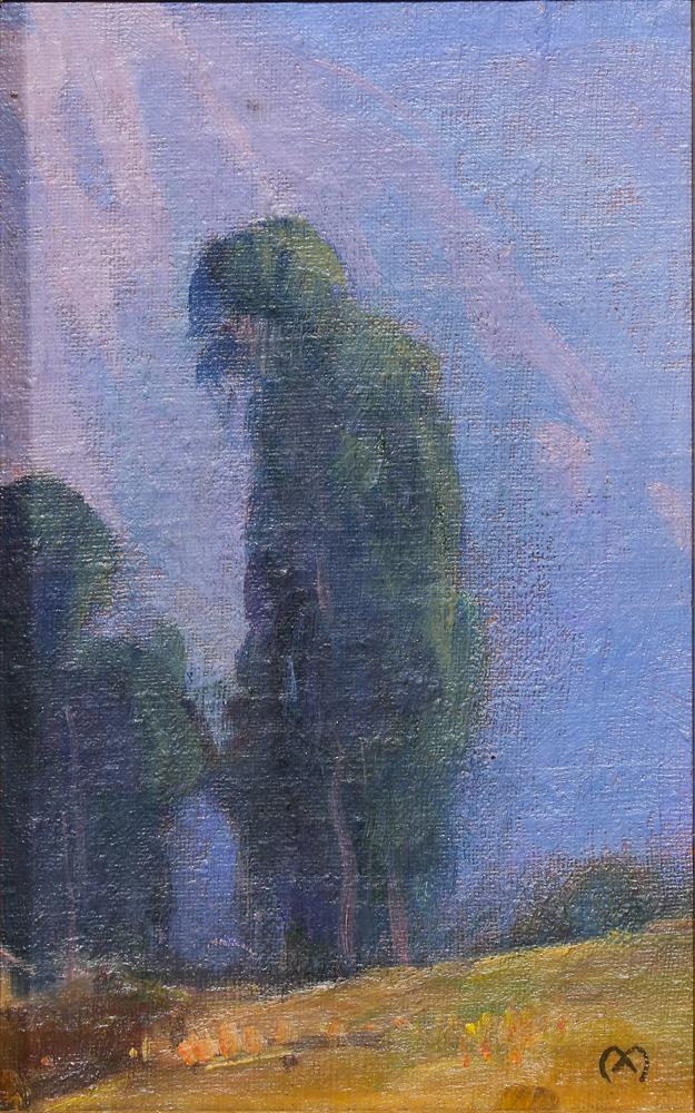 Painting, Xavier Martinez: Xavier Martinez (American/Mexican, 1869-1943), Eucalyptus, oil on canvas board, initialed lower right, board: 8"h x 5"w, overall (with frame): 13"h x 10"w