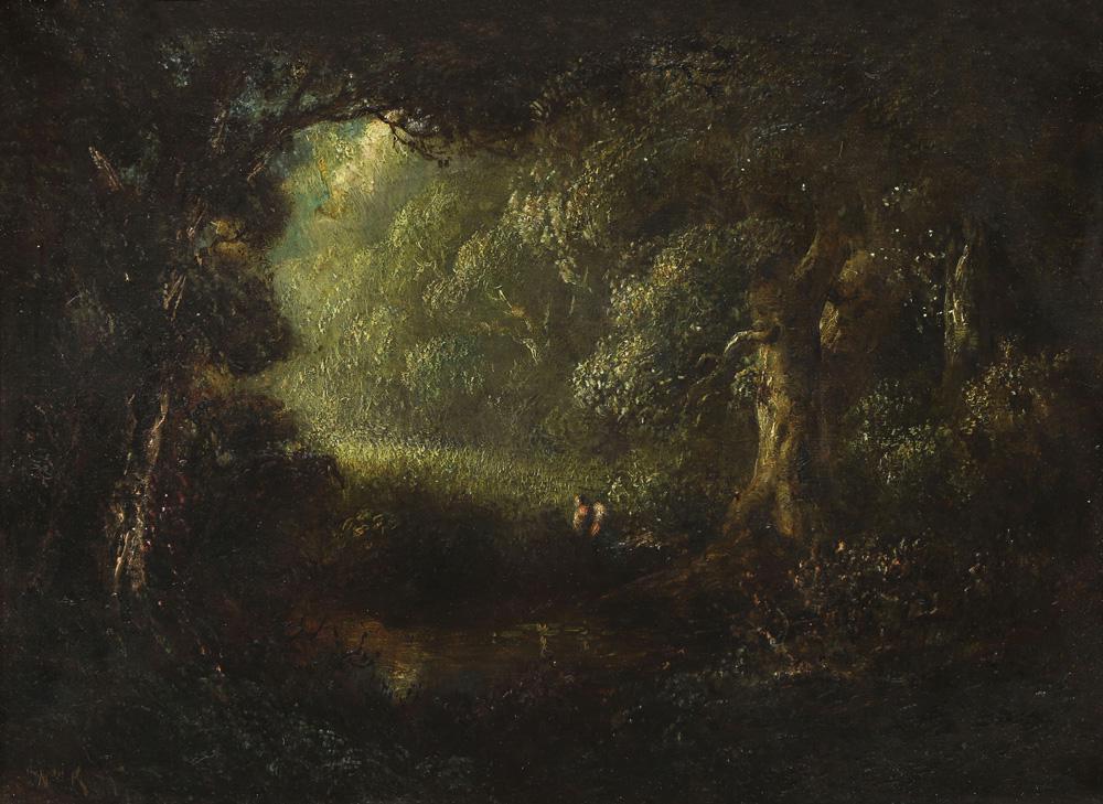Painting, William Keith: William Keith (American, 1838-1911), Untitled (Figures in a Wooded Clearing), oil on canvas, signed lower left, canvas: 16"h x 22"w, overall (with frame): 26"h x 31.5"w