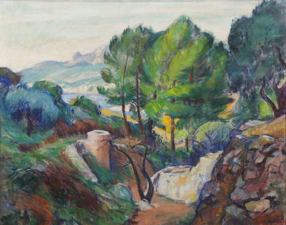 Painting, Lucien Abrams: Lucien Abrams (American, 1870-1941), "Mediterranean Landscape," oil on canvas, signed lower right, titled verso, Grand Central Galleries Inc (NY, NY) and Lysee Art Association labels affixed verso, ca