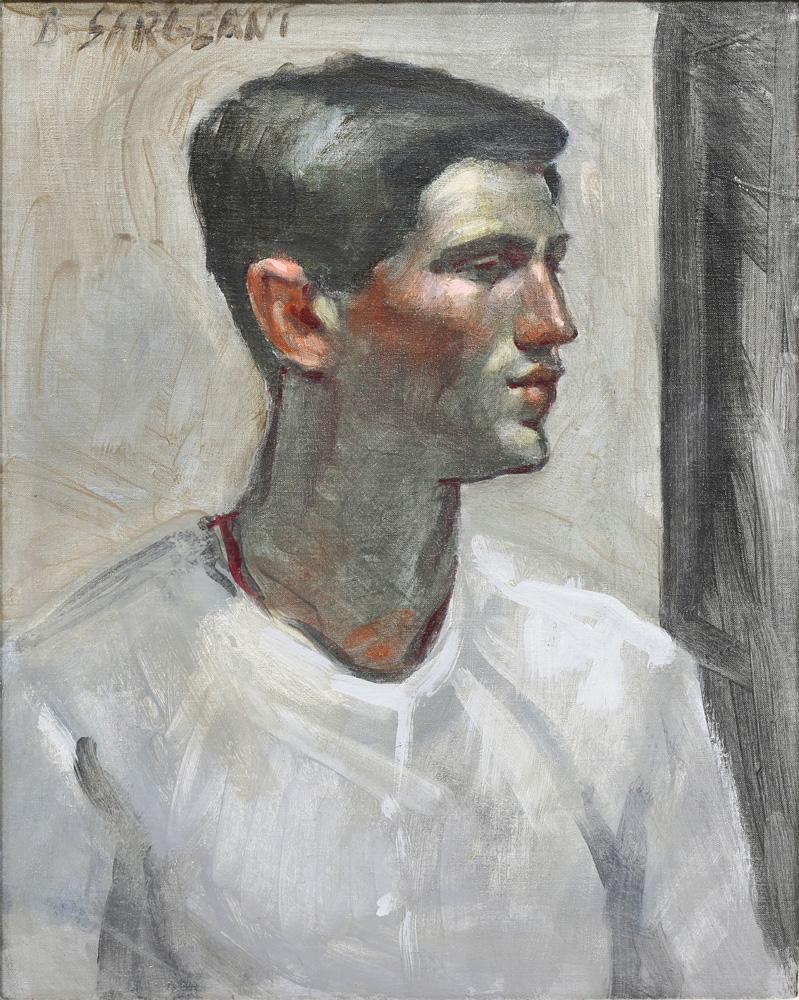 Painting, Mark Beard: Mark Beard (American, b. 1956), "Portrait of Tim Gosling," oil on canvas, signed "Bruce Sargent" (artist's alias) upper left, sight: 20"h x 15.5"w, overall with frame: 25.5"h x 21.5"w