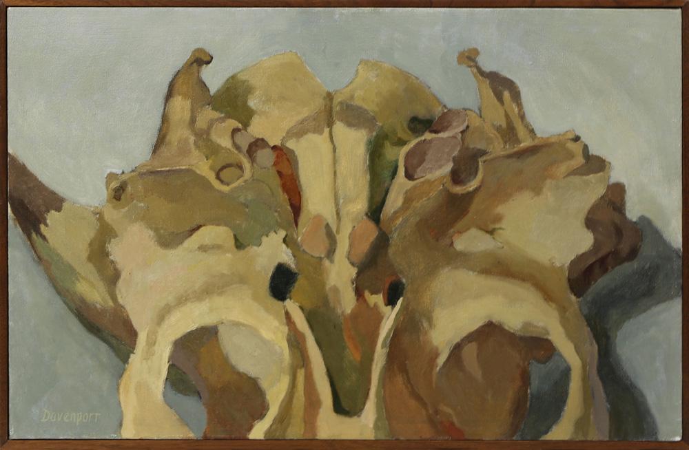 Painting, Jill Davenport: Jill Davenport (American, 20th century), Skull, oil on canvas, signed lower left, canvas: 16"h x 25"w, overall (with frame): 16.75"h x 25.75"w