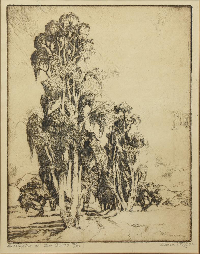 Print, Gene Kloss: Gene Kloss (American, 1903-1996), "Eucalyptus at San Carlos," etching, pencil signed lower right, titled lower left, edition 12/50, image: 8.75"h x 6.75"w, overall (with frame): 16.25"h x 13.25"w