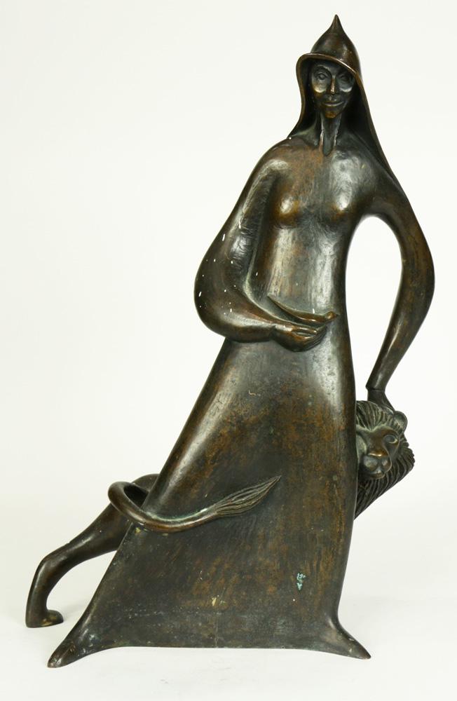 Sculpture, Emile Norman: Emile Norman (American, 1918-2009), Woman with Lion and Bird, 1960, bronze sculpture, signed and dated verso, edition 6/9, overall: 19.25"h x 14.5"w x 7.5"d