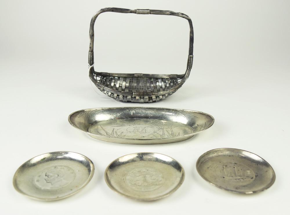 (lot of 5) Chinese export silver basket, pen tray &(3): (lot of 5) Chinese export sterling silver table articles, consisting of (3) Chinese silver coin dishes, 3"dia.; an oval pen tray with bamboo form chasing, inscribed on underside: "With Best Wishes Fro
