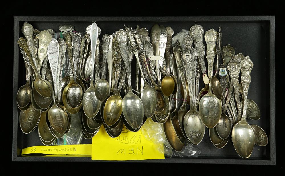 102 New York and New England sterling silver souvenir: (lot of approx 102) Northeast US sterling silver souvenir spoons: (25) Massachusetts with a 1891 Gorham Salem Witch Trial spoon; (3) Maine with a Watson Portland spoon with a pine tree handle; (52) Ne
