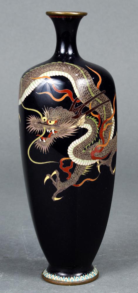 Japanese Cloisonne Vase, Adachi Kinjiro, Meiji: Japanese cloisonne vase, dragon on black ground, base with the Adachi mark (Adachi Kinjiro, ca 1900), approx. 6.2"h