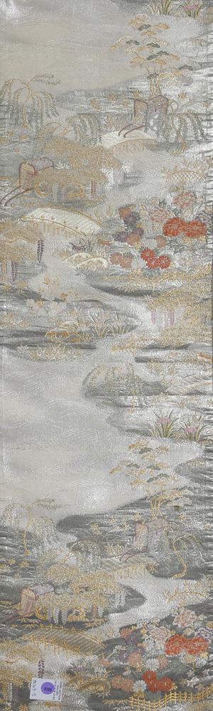 Japanese Silk Obi, Landscape, Floral Motifs in Silver, (1 of 5)