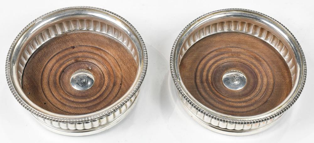 (lot of 2) Pair Victorian Sheffield silver and wood: (lot of 2) Pair Victorian Sheffield silver and wood wine coasters 6"d.