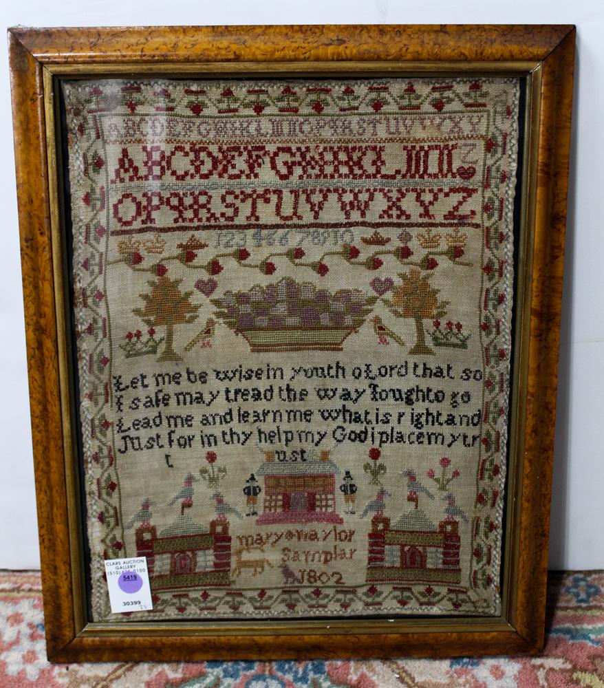 A framed English needlepoint sampler, dated 1802 (1 of 1)