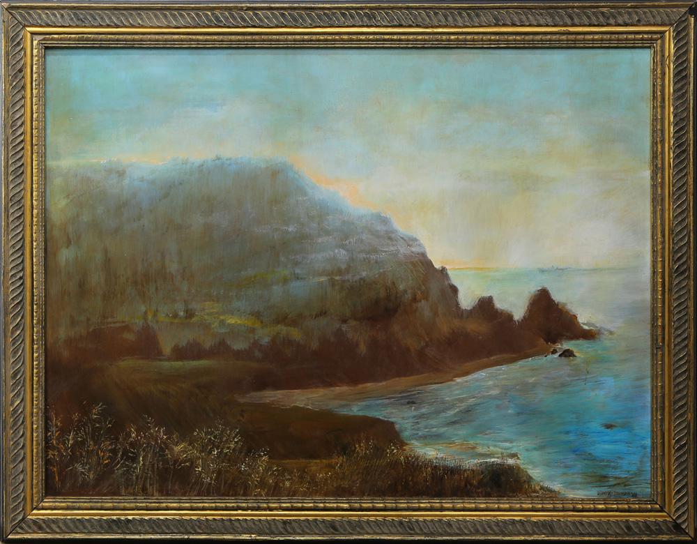 Painting, Dorothy Bowman: Dorothy Bowman (American b. 1927) California Coastal Scene oil on board signed lower right overall (with frame): 32"h x 40.75"w
