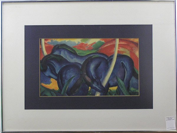 Reproduction Franz Marc Blue Horses: Framed photolithograph, ''Blue Horses'' by Franz Marc (German, 1880-1916), unsigned, overall: 19''h x 24''w.