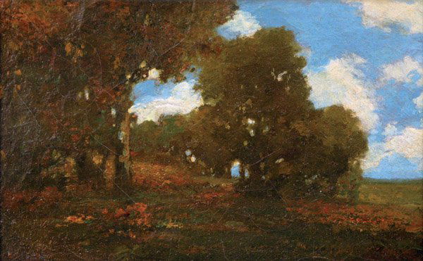 Painting, William Keith, Californian: Framed oil on canvas, Afternoon Landscape with Wildflowers, by William Keith (Californian, 1838-1911), signed lower right, inscription fragment affixed verso, reads partially: ''Berkeley Cali./ June 6