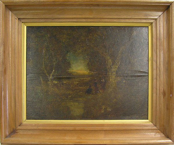 Painting, William Keith, Californian: Framed oil on board, Three Figures in a Forest Interior, by William Keith (Californian, 1838-1911), signed lower left, sight: 11''h x 13.5''w, overall: 16.5''h x 19.5''w. Condition: cracks/warping to