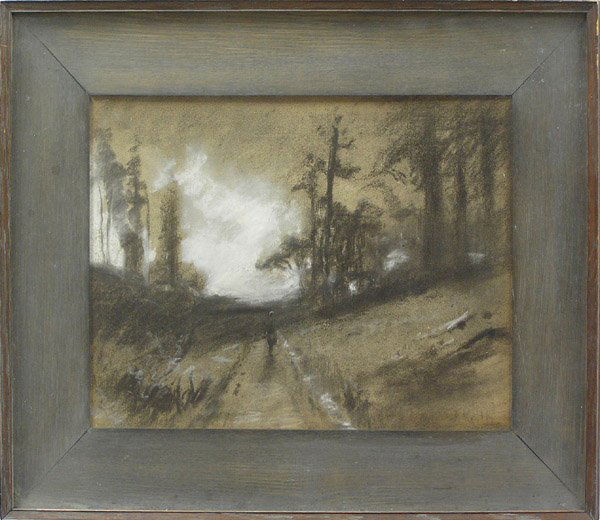 Charcoal, William Keith, Californian: Framed charcoal and white chalk on paper, Figure on a Path, by William Keith (Californian, 1838-1911), signed lower right, sight: 13''h x 17''w, overall: 20''h x 25''w