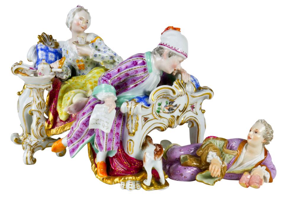 Meissen porcelain figural group The Lover Discovered: Meissen porcelain figural group The Lover Discovered, second half 19th century, after the model executed in 1771 by J.J. Kaendler, the lady reclining on her bed holding a pastry and chocolate cup, wit