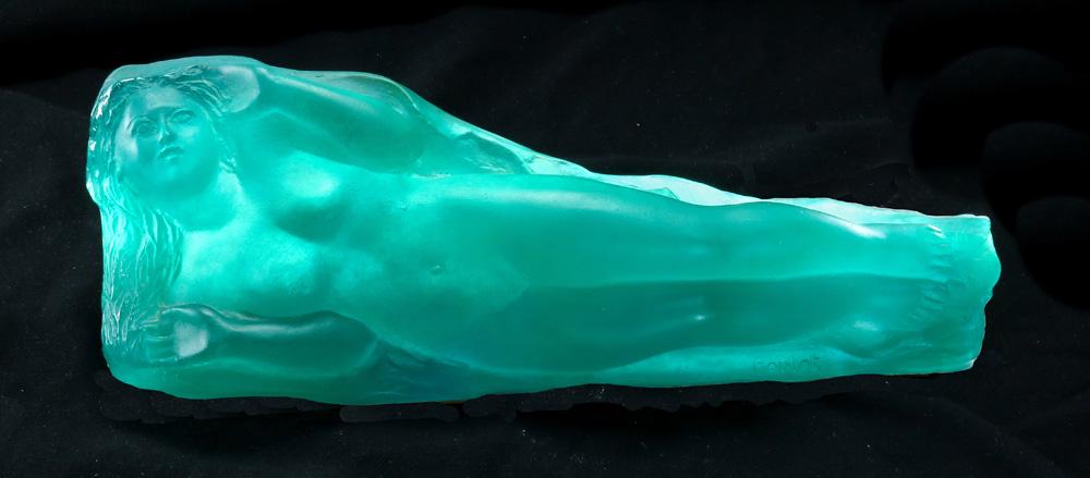 A Pierre Roulot for Daum France limited edition pate de: A Pierre Roulot for Daum France limited edition pate de verre VÃ©nus allongÃ©e sculpture, depicting a nude reclining female in turquoise glass, signed Roulot and edition 126 of 250, overall 4"h x 