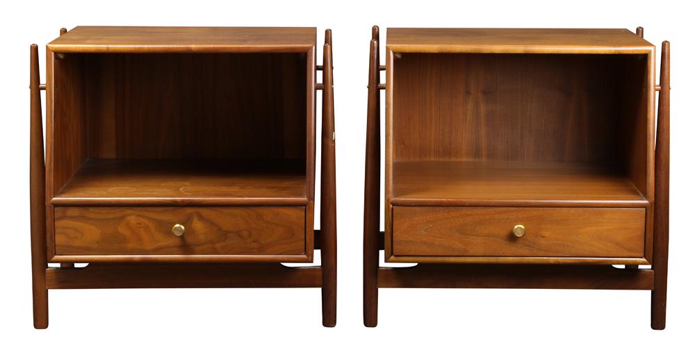 A pair of Mid-Century Modern Kipp Stewart for Drexel: A pair of Mid-Century Modern Kipp Stewart for Drexel Declaration walnut nightstands, each having a rectangular top, above a lower tier with a single drawer and rising on tapered legs, 23"h x 23.5"w x 