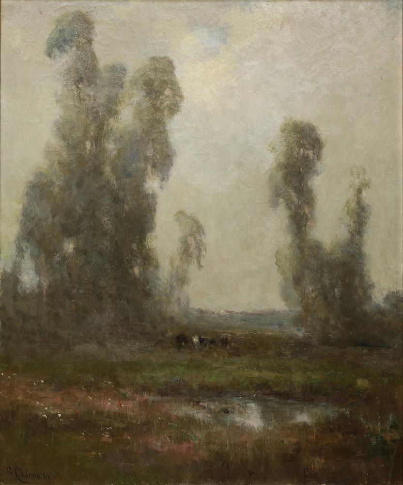 Painting, Giuseppe Cadenasso: Giuseppe Cadenasso (American/Italian, 1858-1918), Untitled (Cows in a Misty Clearing), oil on canvas, signed lower left, canvas: 30"h x 25"w, overall (with frame): 37"h x 32"w