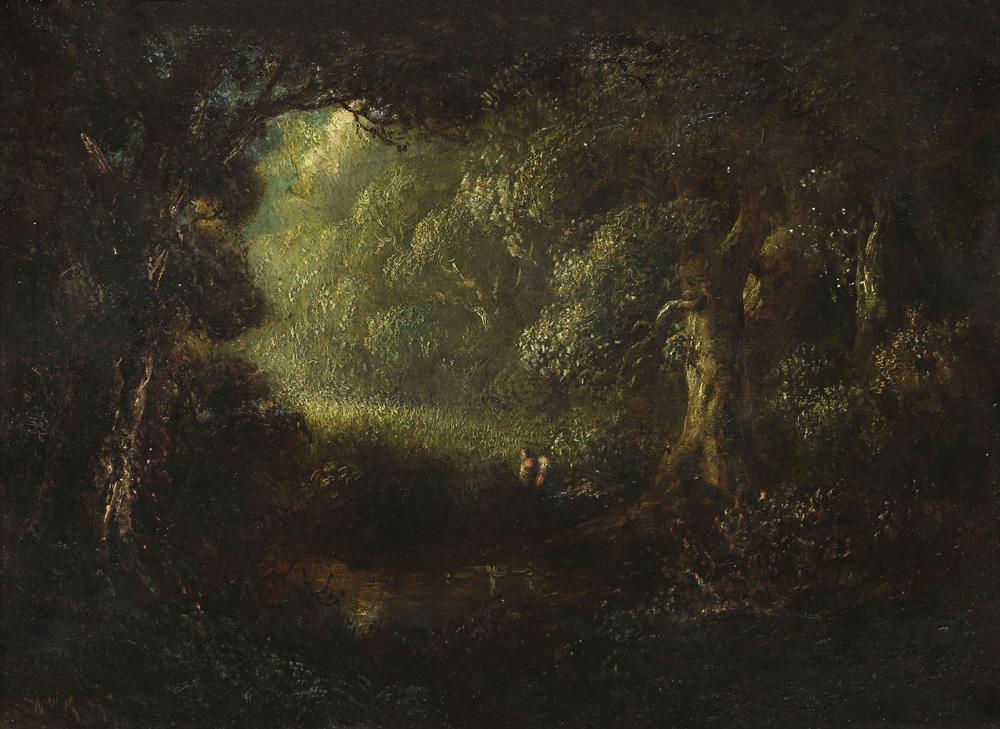 Painting, William Keith: William Keith (American, 1838-1911), Untitled (Figures in a Wooded Clearing), oil on canvas, signed lower left, canvas: 16"h x 22"w, overall (with frame): 26"h x 31.5"w