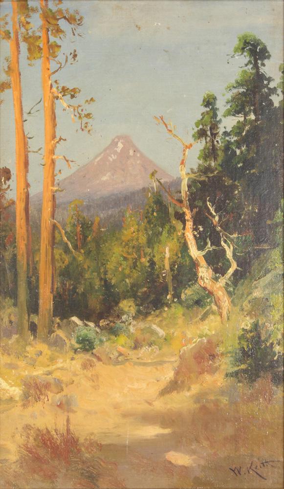 Painting, William Keith: William Keith (American, 1838-1911), Untitled (View of Mt. Shasta), oil on panel, signed lower right, board: 18.5"h x 11"w, overall (with frame): 21.5"h x 13"w