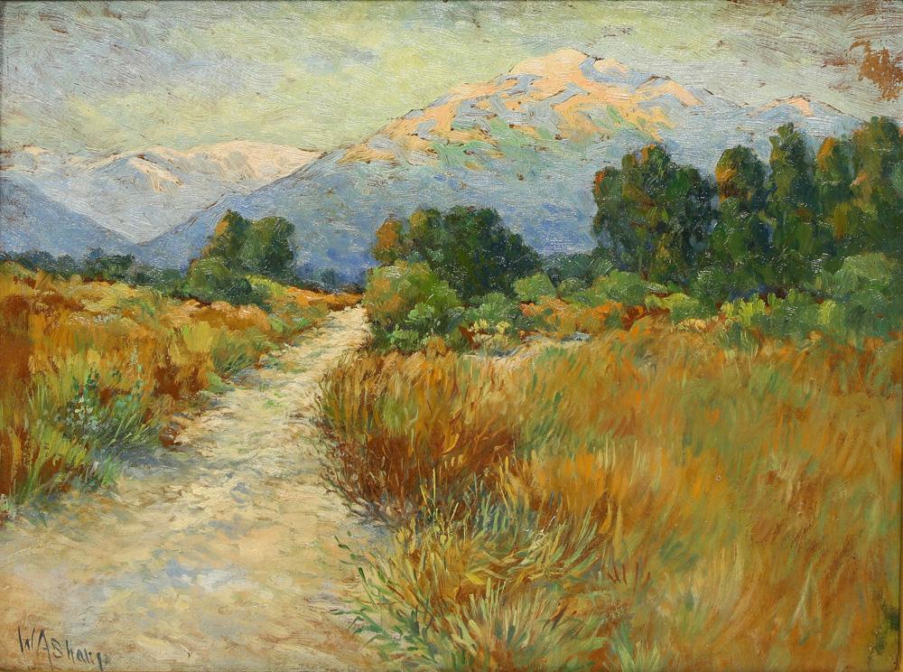 Painting, William Alexander Sharp: William Alexander Sharp (American, 1864-1944), Untitled (Mountain Path), oil on board, signed lower left, board: 12"h x 16"w, overall (with frame): 19"h x 23"w