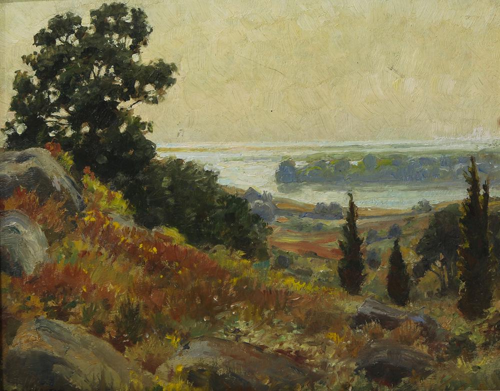 Painting, Anna Mary Richards Brewster: Anna Mary Richards Brewster (American, 1870-1952), "September Morn," oil on board, signed lower left, title label affixed verso, board: 8"h x 10"w, overall (with frame): 12"h x 14.5"w