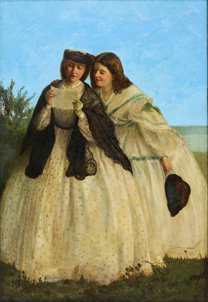 Painting, British School (19th century): British School (19th century), "The Letter," oil on canvas, unsigned, gallery title label (Arthur Jeffress, London) affixed verso, canvas: 21"h x 14.5"w, overall (with frame): 27"h x 20.5"w