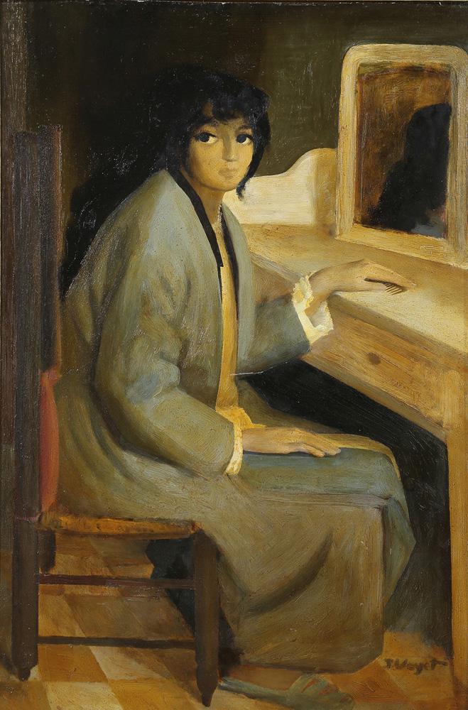 Painting, Jacques Voyet: Jacques Voyet (French, b. 1927), Woman at Her Vanity, oil on masonite, signed lower right, masonite: 36"h x 24"w, overall (with frame): 45"h x 33"w