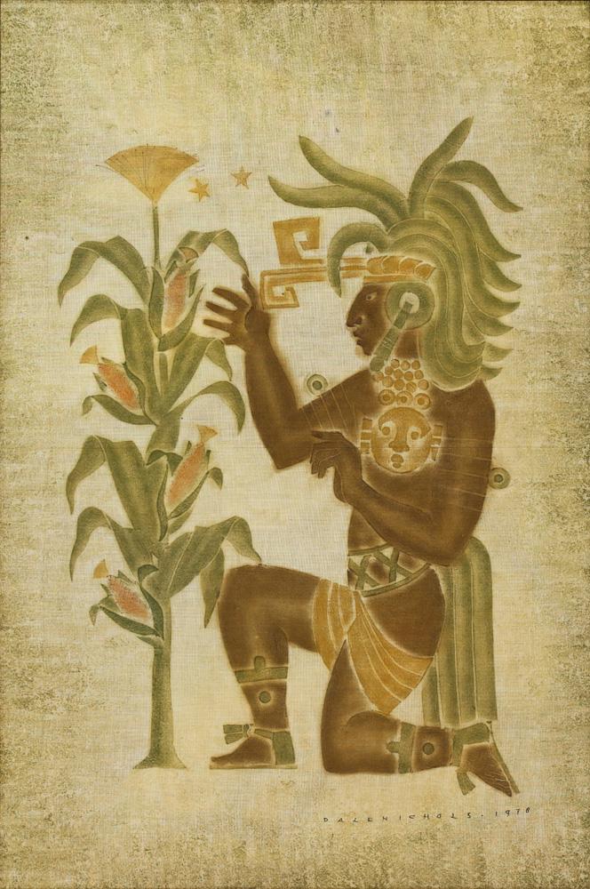 Painting, Dale Nichols: Dale Nichols (American, 1904-1995), Worship of the Corn, 1978, oil on canvas, signed and dated lower right, canvas: 36"h x 24.25"w, overall (with frame): 38"h x 26"w
