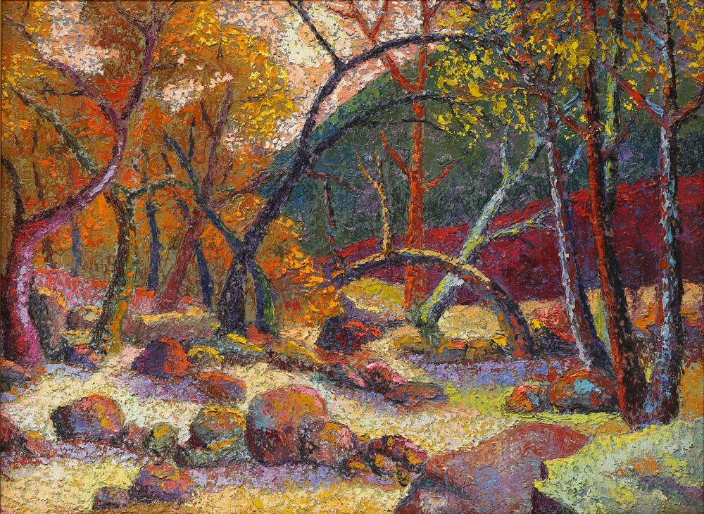 Painting, Manuel de Arce: Manuel de Arce (Spanish/American, 20th century), "Palm Springs, CA," 1966, oil on canvas, signed, titled, and dated verso, canvas: 17.5"h x 23.25"w, overall (with frame): 24"h x 30"w