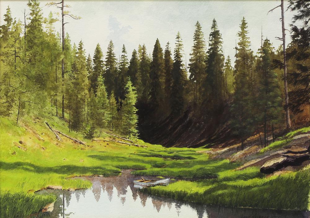 Watercolor, David Halbach: David Halbach (American, b. 1931), Wooded Landscape, 1973, watercolor, signed and dated lower right, sight: 10"h x 14"w, overall (with frame): 17"h x 20.75"w