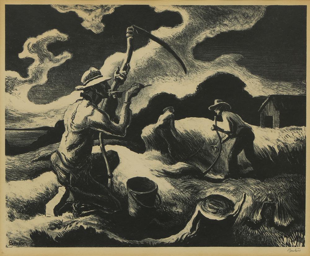 Print, Thomas Hart Benton: Thomas Hart Benton (American, 1889-1975), "Island Hay," 1945, lithograph, pencil signed lower right, titled on card verso, from an edition of 250, Published by Associated American Artists (New York., 