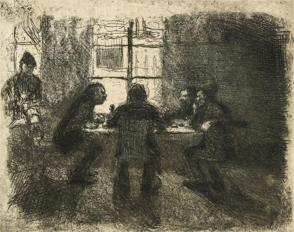 Print, Kathe Kollwitz: Kathe Kollwitz (German, 1867-1945), Four Men in a Pub (Vier Manner in der Kneipe), 1892-1897, drypoint etching, embossed signature stamped lower right, image: 4.75"h x 6"w, overall (sheet/unframed); 8