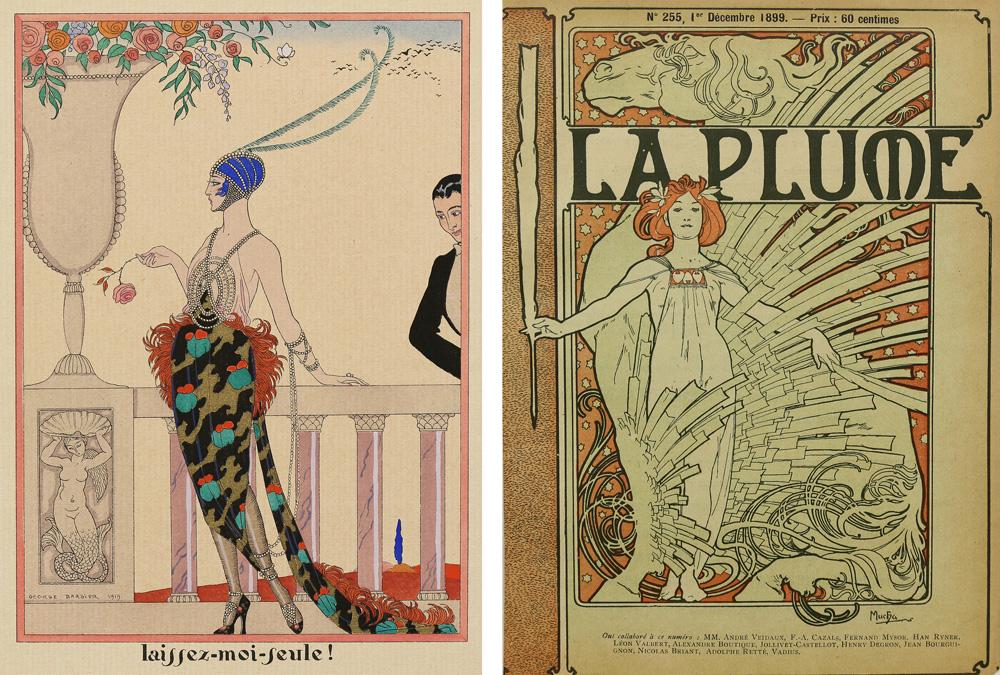 Prints, After Alphonse Mucha and George Barbier: (Lot of 2) After Alphonse Mucha (Czech, 1860-1939), La Plume, pochoir, and after George Barbier (French, 1882-1932), Laissez Moi Seul, color pochoir, overall (largest/with matting): 18"h x 16"w