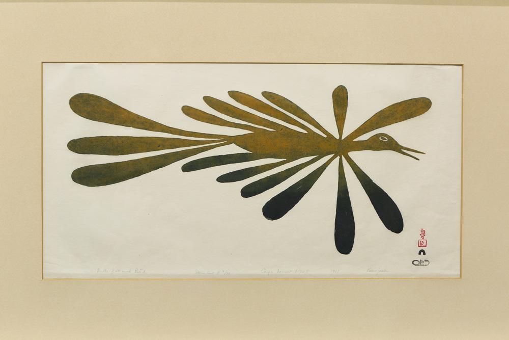 Print, Kenojuak Ashevak: Kenojuak Ashevak (Inuit, 1927-2013), "Multi-Feathered Bird," 1961, stone cut print, pencil signed lower right, edition 10/50, sight: 11.75"h x 23.5"w, overall (with frame): 21"h x 32.75"w