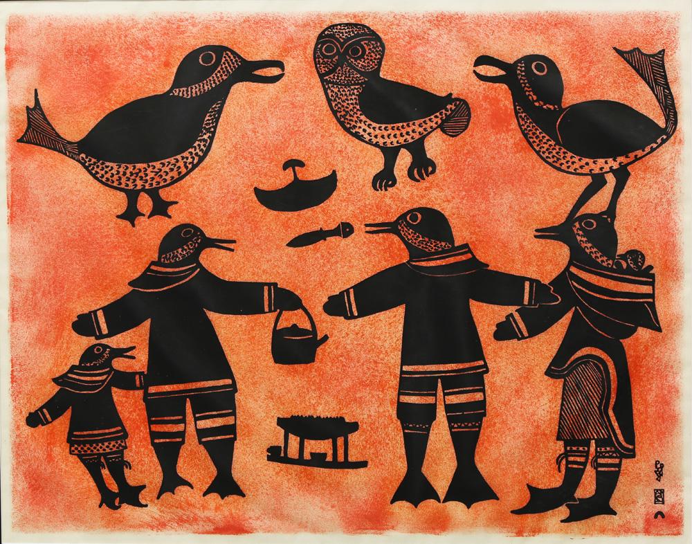 Print, Inuit School (20th century): Inuit School (20th century), Bird Family, stone print from Inuit Cape Dorset, stamped, unsigned, sight: 19"h x 24"w, overall (with frame): 28.75"h x 33.5"w