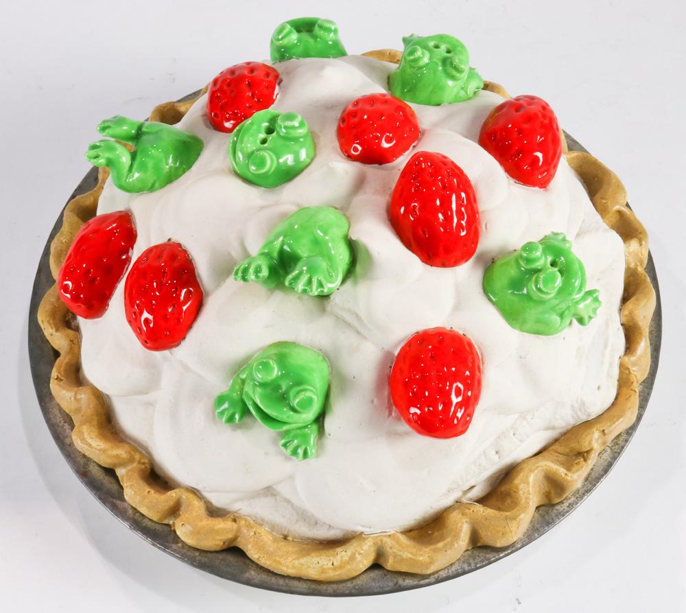 Sculpture, David James Gilhooly: David James Gilhooly (American, 1943-2013), Untitled (Frog and Strawberry Pie), ceramic and metal sculpture, overall: 4.5"h x 9"w x 9"d