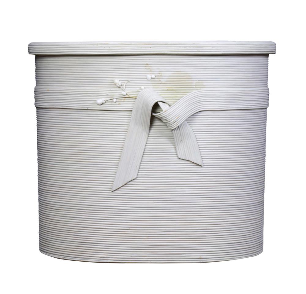 A Betty Cobonpue Modern designed storage chest: A Betty Cobonpue Modern designed storage chest, the oval form having a paint decorated and textured body fronted by the bow form reserve, 25"h x 29"w x 24.5"d