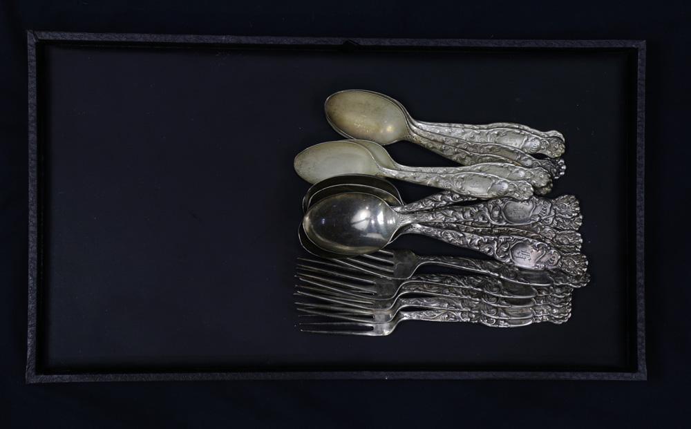 (lot of 17) A Whiting Heraldic sterling silver partial: (lot of 17) A Whiting Heraldic sterling silver partial flatware service, initialed, consisting of (6) spoons, (6) teaspoons, (5) forks, 21 toz