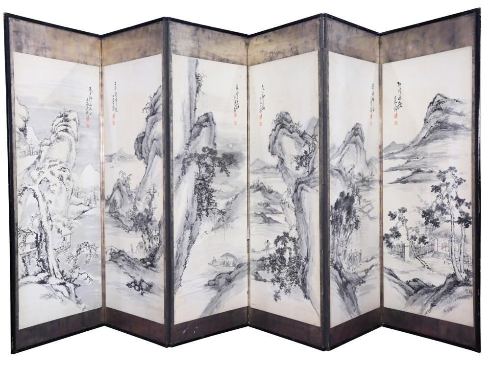 Korean Six-panel Screen,19c: Korean six-panel screen,19th century, ink on paper with silver foil borders, depicting Korean landscapes and figures, black lacquer frame, each panel with the signature, title and seals, approx. panel