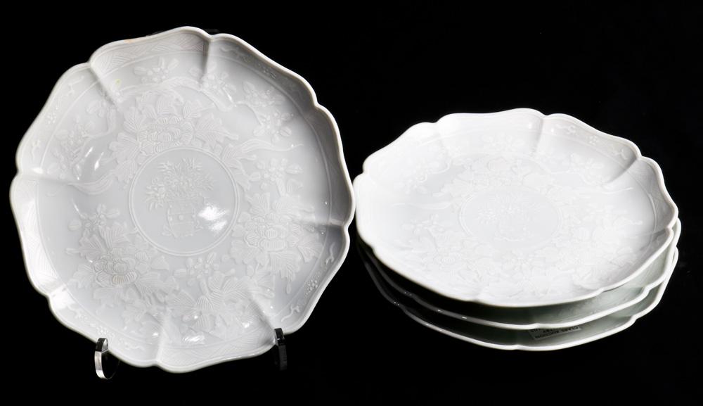 (lot of 4) Chinese lobbed Porcelain plates: (lot of 4) A group of Chinese clair de lune lobbed porcelain plates, each incised with froal scrolls and stamped with a flower basket in the center, bearing a six character guangxu mark, 8.5"dia