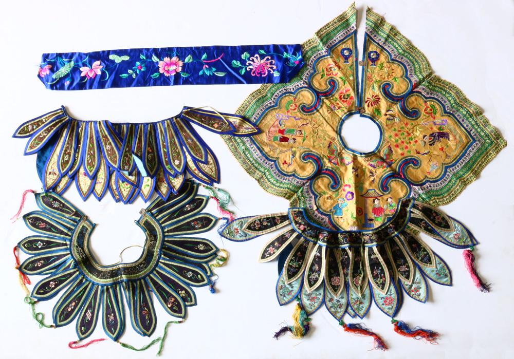A group of Chinese embroideries: group of Chinese embroideries, consisting with miscellaneous theater customs and handkerchiefs, two bags