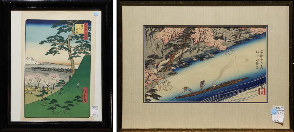Japanese Woodblock Prints, Hiroshige: Utagawa Hiroshige (Japanese, 1797-1858), " Cherry Blossoms in Arashiyama" from the "Famous Places in Kyoto" series; "Mt. Fuji in Meguro" from the "One Hundred Famous Places in Edo" series, both with s
