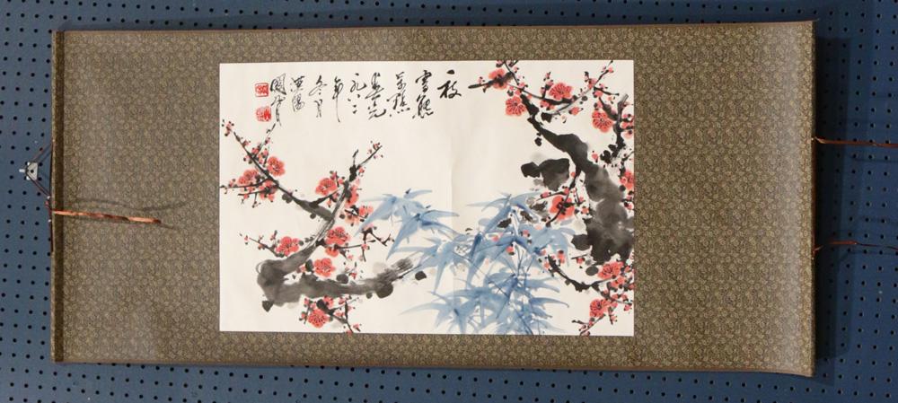 Chinese hanging scroll, Manner of Guan Shanyue: Chinese hanging scroll, Manner of Guan Shanyue, plum Blossom flowers, image size: 17" x 26"