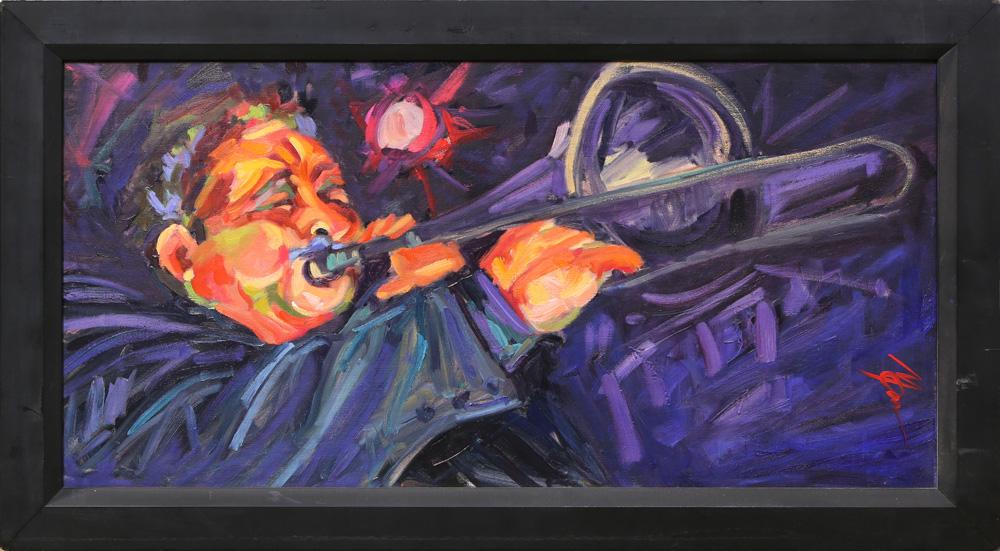 Painting, Michelle Carnes: Michelle Carnes (Amerian, 20th century), Jazz Player, 2008, oil on canvas, signed lower right, dated verso, overal (with frame): 18.5"h x 33.5"w