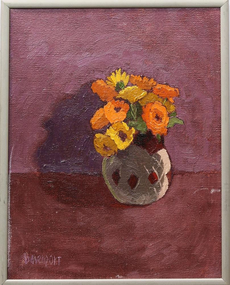 Painting, Jill Davenport: Jill Davenport (American, 20th century), "Crystal Vase of Flowers," oil on canvas, signed lower left, titled verso, overall (with frame): 10.25"h x 8.25"w