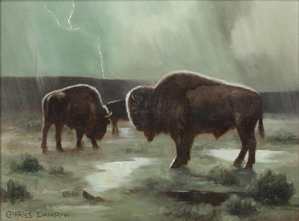 Painting, Charles Damrow: Charles Damrow (American, 1916-1989), "Buffalo Storm," oil on canvas, signed lower right, titled verso, canvas: 12"h x 16"w, overall (with frame): 20.25"h x 24.25"w